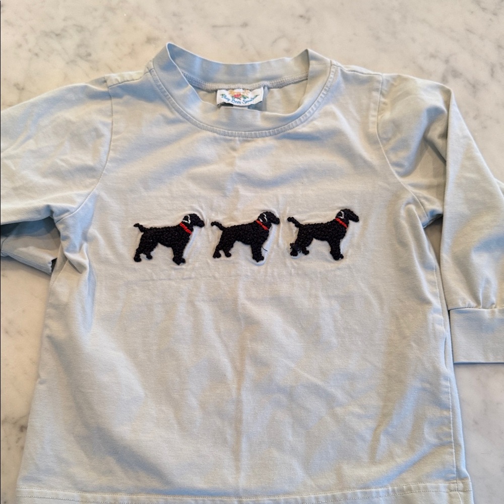 Charming Light Blue Dog Embroidered Long Sleeve Tee